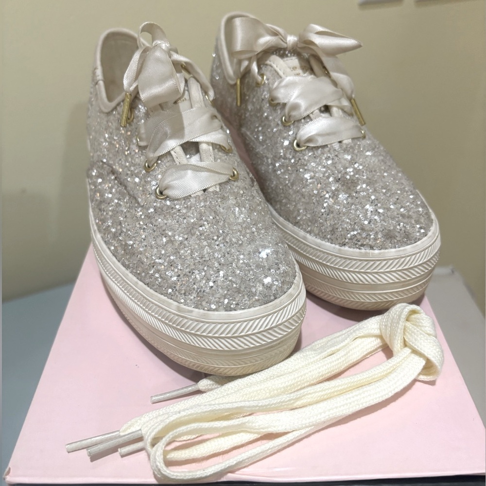 Keds x Kate Spade triple decker glitter sneaker, cream, size 7